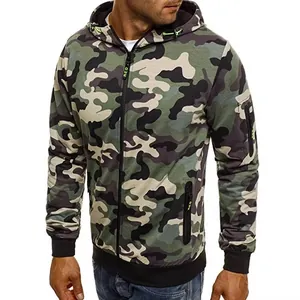 Men's woodland camouflage zip-up hoodie with functional pockets and lime drawstrings