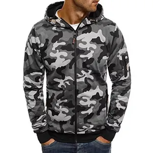 Men's stylish grey camouflage zip-up hooded sweatshirt jacket for spring and autumn
