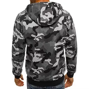 Back view of a stylish men's camouflage hoodie with grey camo pattern and hood