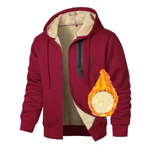 Veste à capuche bordeaux pour hommes, doublée de polaire épaisse avec fermeture éclair