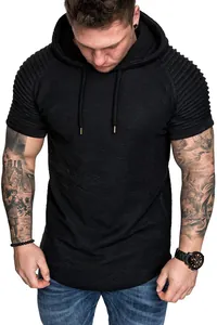 Detailed view of black slub texture men's hooded fitness T-shirt with drawstrings