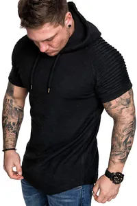 Close-up of men's slim fit hooded T-shirt with slub texture and ribbed shoulder detail