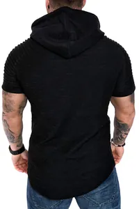 Premium men's black hooded slub texture T-shirt shown from a detailed back view.