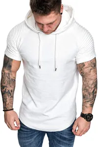 Detailed view of men's white short-sleeved hooded T-shirt with slub texture for fitness