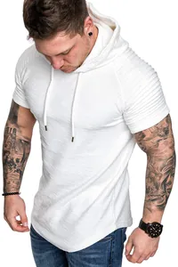 Close-up detail of white slub textured hooded sports t-shirt on a fitness model