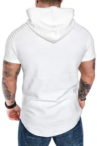 Back view of a white slub textured hooded T-shirt for men's fitness and leisure.