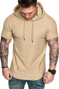 Close-up of slub texture fabric on men's khaki hooded short sleeve slim fit T-shirt