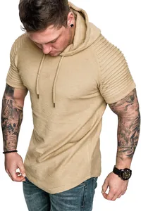 Detailed view of men's khaki hooded t-shirt with slub texture and ribbed sleeves