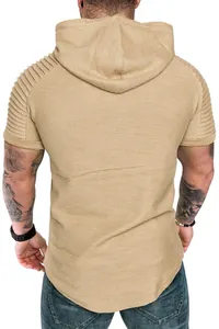 Detail of slub texture and pleated shoulder design on men's khaki hooded fitness tee