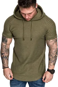 Detailed view of men's hooded fitness T-shirt featuring an olive green slub texture