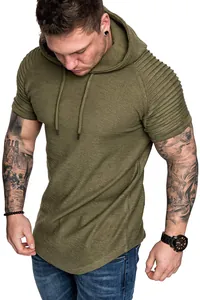 Detailed view of olive green hooded t-shirt with slub texture and pleated shoulders.