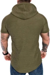 Rear view of an olive green hooded T-shirt with slub texture and pleated shoulder details