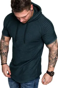 Detailed view of men's dark teal slub texture hooded t-shirt with ribbed sleeves
