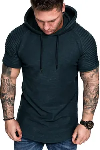 Close-up of men's short sleeve hooded T-shirt with slub texture and ribbed shoulders