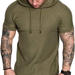Men Casual Waffle Knit Hooded Short Sleeve T-Shirt With Pleated Shoulder Detail Slim Fit Curved Hem Sporty Streetwear Top