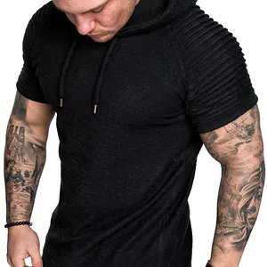 Men's casual black hooded T-shirt with slub texture and pleated sleeves