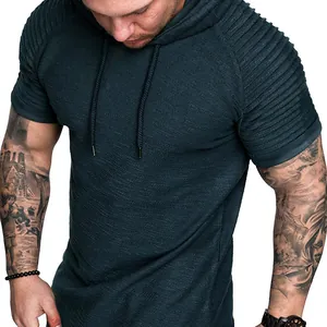 Premium men's slub texture hooded short sleeve T-shirt in stylish dark teal blue