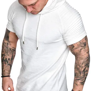 Men's slim fit athletic hooded short sleeve T-shirt with white bamboo texture pattern