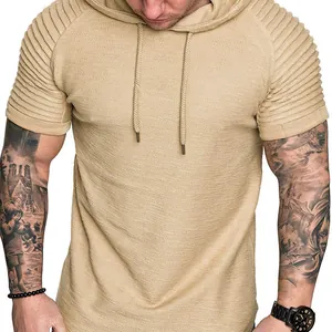 Men's slub textured khaki short sleeve hooded t-shirt for fitness and casual wear