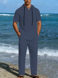 Set da uomo in lino blu navy con felpa a maniche corte e pantaloni casual da mare