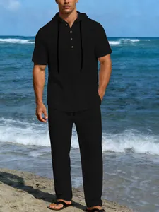 Set casual da uomo in lino nero con maglia con cappuccio e pantaloni lunghi