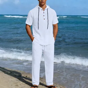 Camicia a Maniche Corte con Cappuccio in Misto Lino Casual da Uomo e Pantaloni Lunghi con Coulisse Tinta Unita Completo Mare