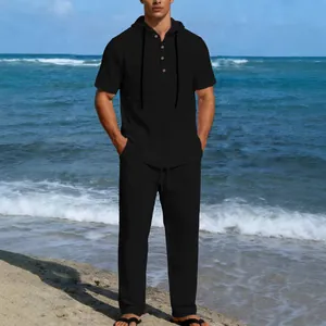 Completo casual da uomo in lino nero con maglia con cappuccio e pantaloni
