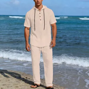 Set estivo da uomo in lino con maglia con cappuccio e pantaloni casual da spiaggia