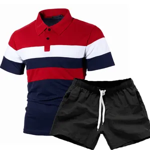 Men's fashionable tri-color striped polo shirt and black casual drawstring shorts set