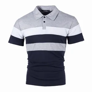Detailed view of a men's short-sleeved polo shirt with three-color striped patchwork design.
