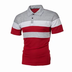 Detailed view of men's color-blocked striped polo shirt with grey, white and red bands