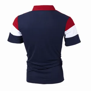 Detailed back view of a men's fashion color-blocked polo shirt in navy red and white