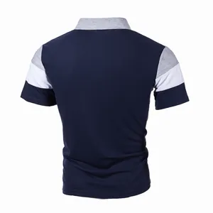 Detailed back view of men's fashion colorblock polo shirt with navy and striped sleeves.