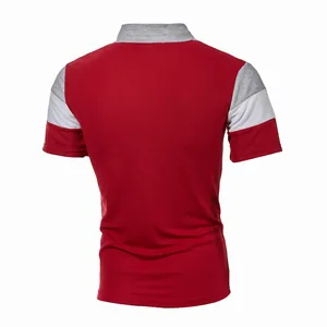 Detailed back view of a red men's polo shirt featuring grey and white striped sleeves.