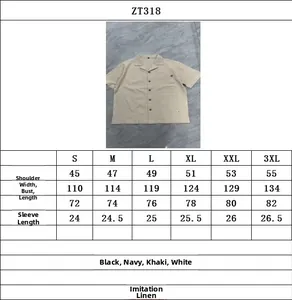 Size chart and measurement details for men's linen-look short sleeve shirt ZT318 model