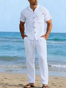 Professional detail shot of a white linen short-sleeved shirt and pants set for men