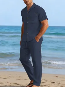 Men's navy blue linen casual short sleeve shirt and matching pants set for beach