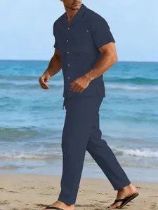 Men's navy blue linen casual short sleeve shirt and long pants set for summer beach wear