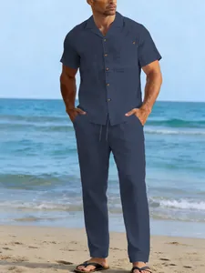 Men's navy blue linen short sleeve shirt and drawstring pants set for beach wear