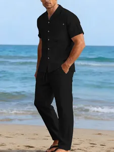 Men's stylish black linen short sleeve shirt and long pants leisure set for beach vacation