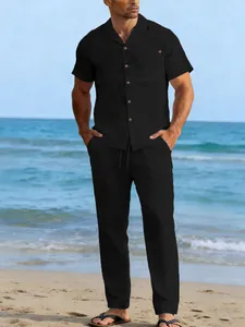 Men's stylish black linen two-piece casual shirt and long pants set beach wear