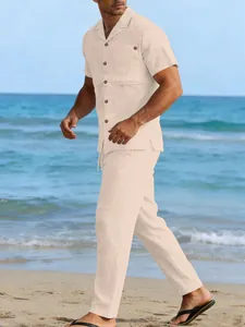 Men's premium cream linen short sleeve shirt and matching long pants beach set style