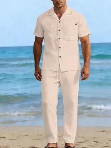 Men's apricot linen two-piece casual set featuring a short sleeve shirt and long pants