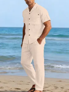 Full view detail of a men's beige linen set featuring short sleeve shirt and pants
