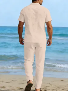 Men's beige linen short-sleeve shirt and trousers casual set shown from the back view