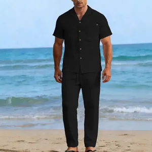 Men's black linen short sleeve shirt and trouser set for summer beach vacation