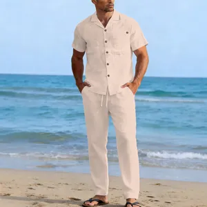 Men's casual beige linen two-piece set with short sleeve shirt and long pants for beach