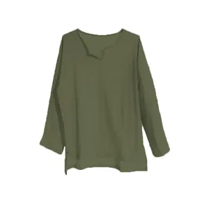 Casual loose fit men's olive green linen cotton long sleeve shirt with a classic V-neck