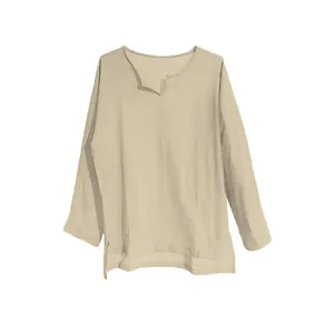 Classic men's beige cotton linen long sleeve shirt with Chinese style V-neck collar