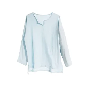 Light blue men's Chinese style cotton linen long sleeve shirt with a relaxed V-neck design